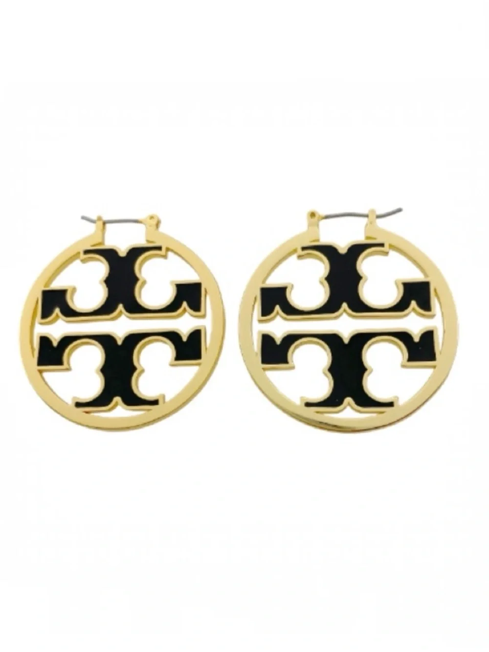 Tory Burch Gold Miller, Black Enamel, Hoop Earrings